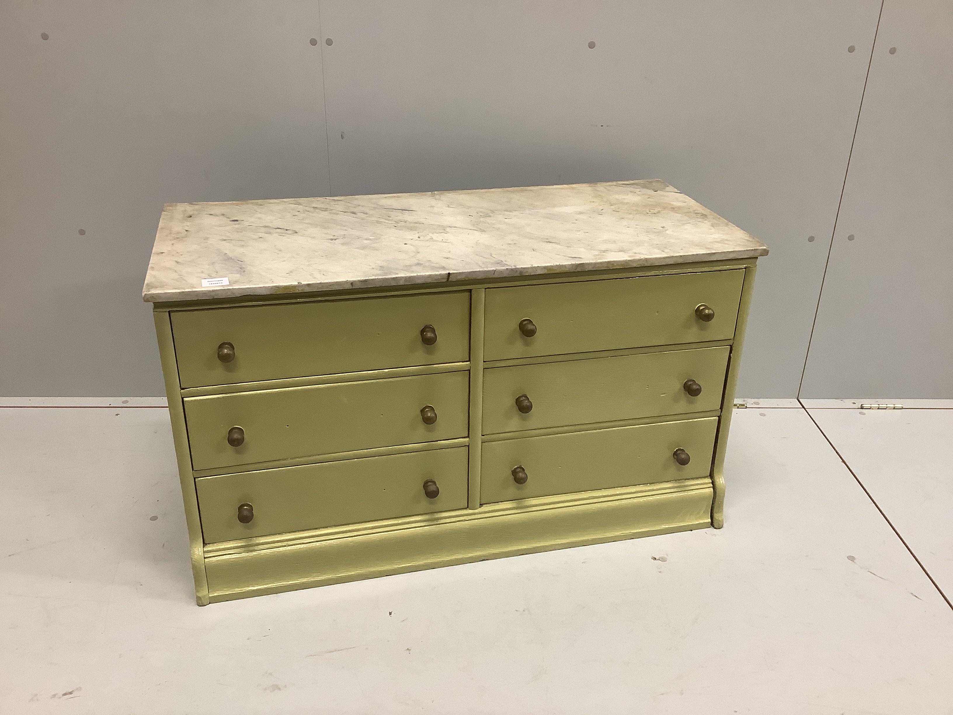 A painted low six drawer marble top chest, width 107cm, depth 45cm, height 62cm